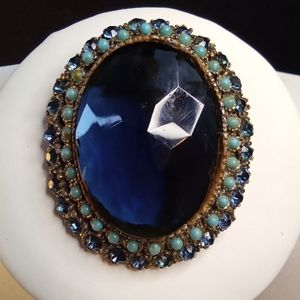 Vintage Large Czech Blue Glass and Rhinestone Pendant Brooch in Antique Gold